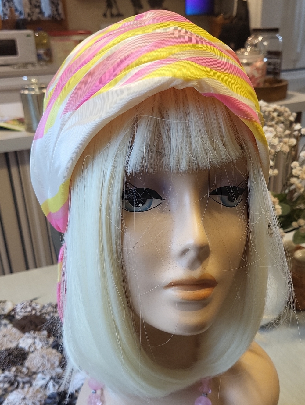 Vintage 1970's Watercolor Striped Pink & Yellow Head Scarf